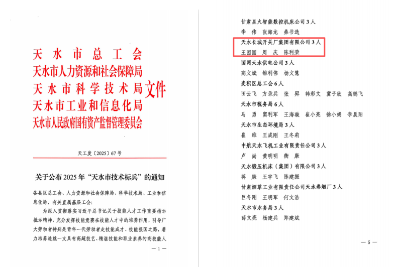 喜報 | 長開廠集團三名職工榮獲“天水市技術標兵”稱號
