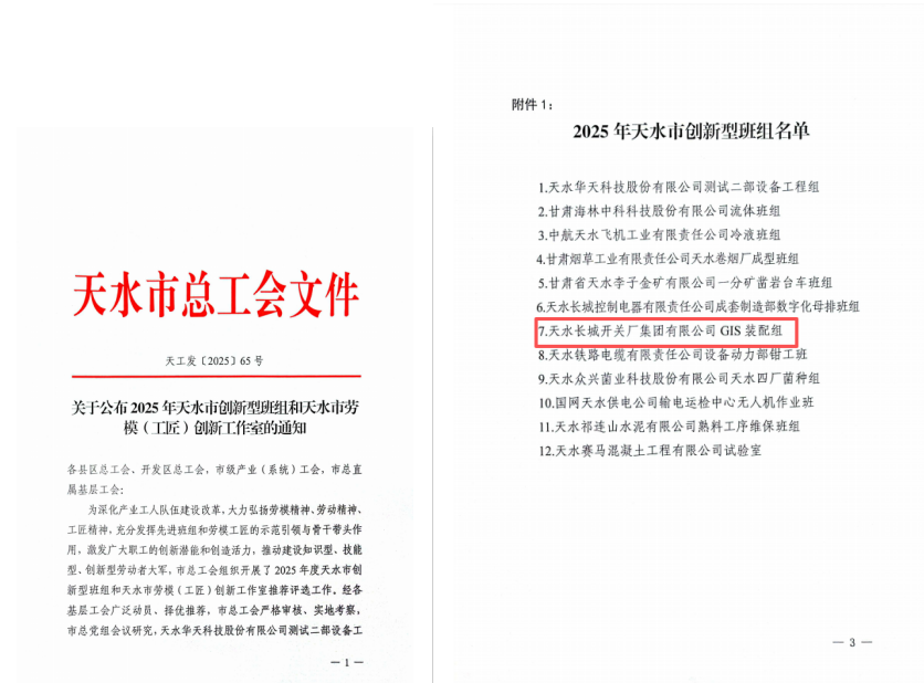 匠心筑創新 班組顯擔當 —— 長開廠集團GIS裝配組獲評2025年天水市創新型班組